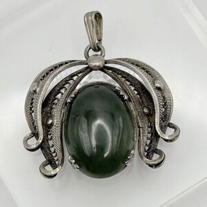 Vintage Sorrento Sterling Silver 925 Filigree Pendant Jade Green Stone Pendant